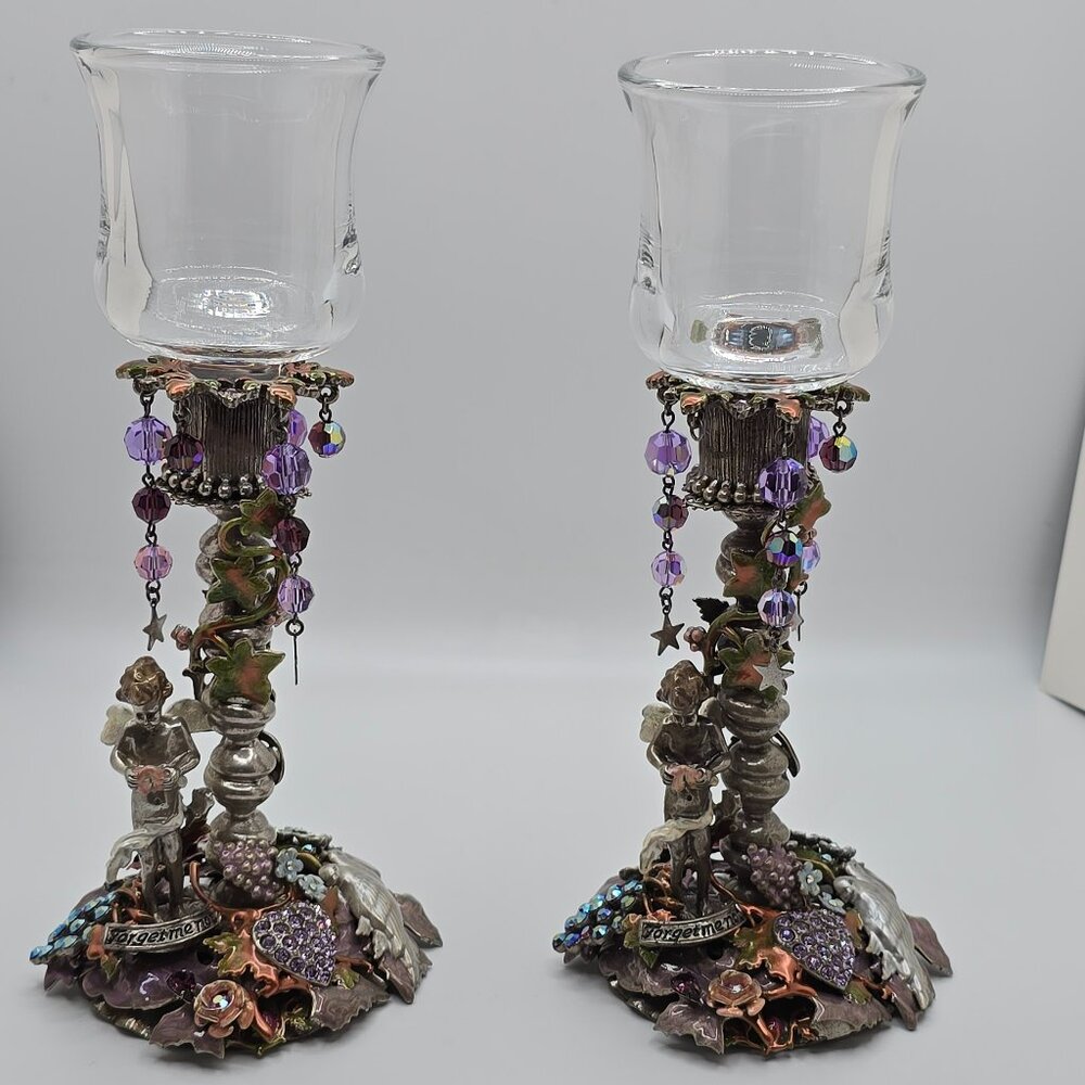 Vintage Kirks Folly Silver Enamel Jeweled Forget Me Not Votive Candle Holder Set